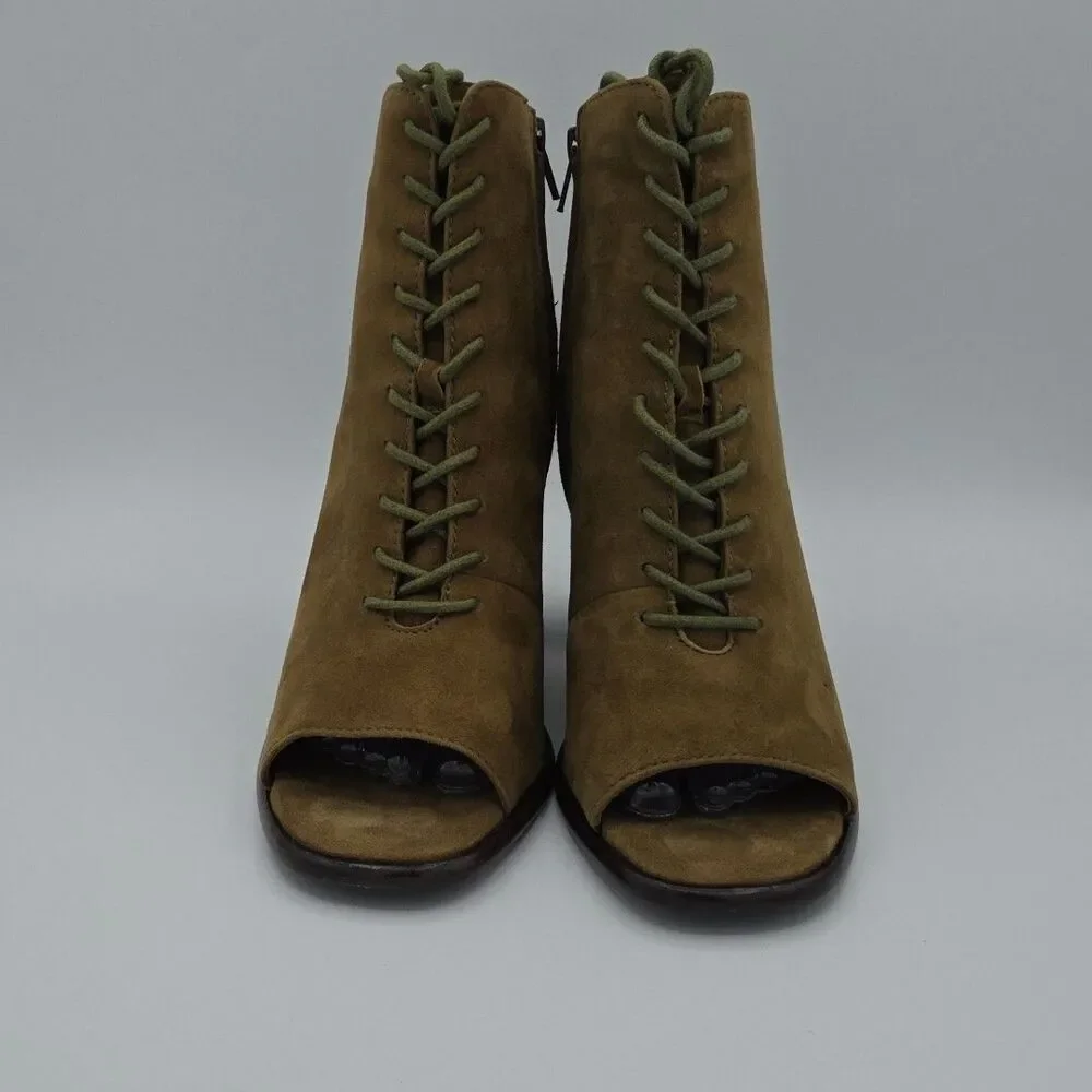 FRYE Amy Peep Toe Amy Green Khaki Suede Womens US 10 Heels Lace Up Booties